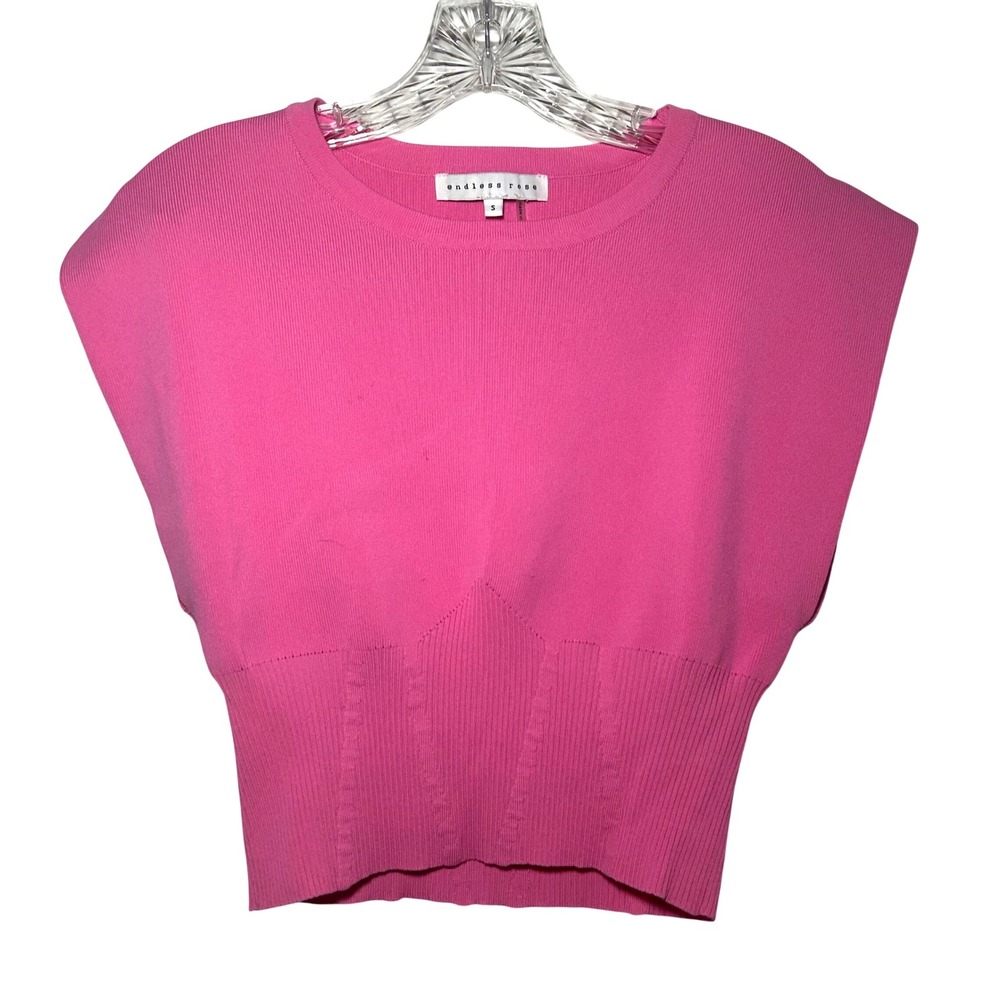 Endless Rose Pink Padded Shoulder Ribbed Knit Corset Waist Top Small Girly